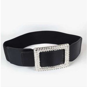 Vegan Rectangular Rhinstone Buckle Stretch Belt